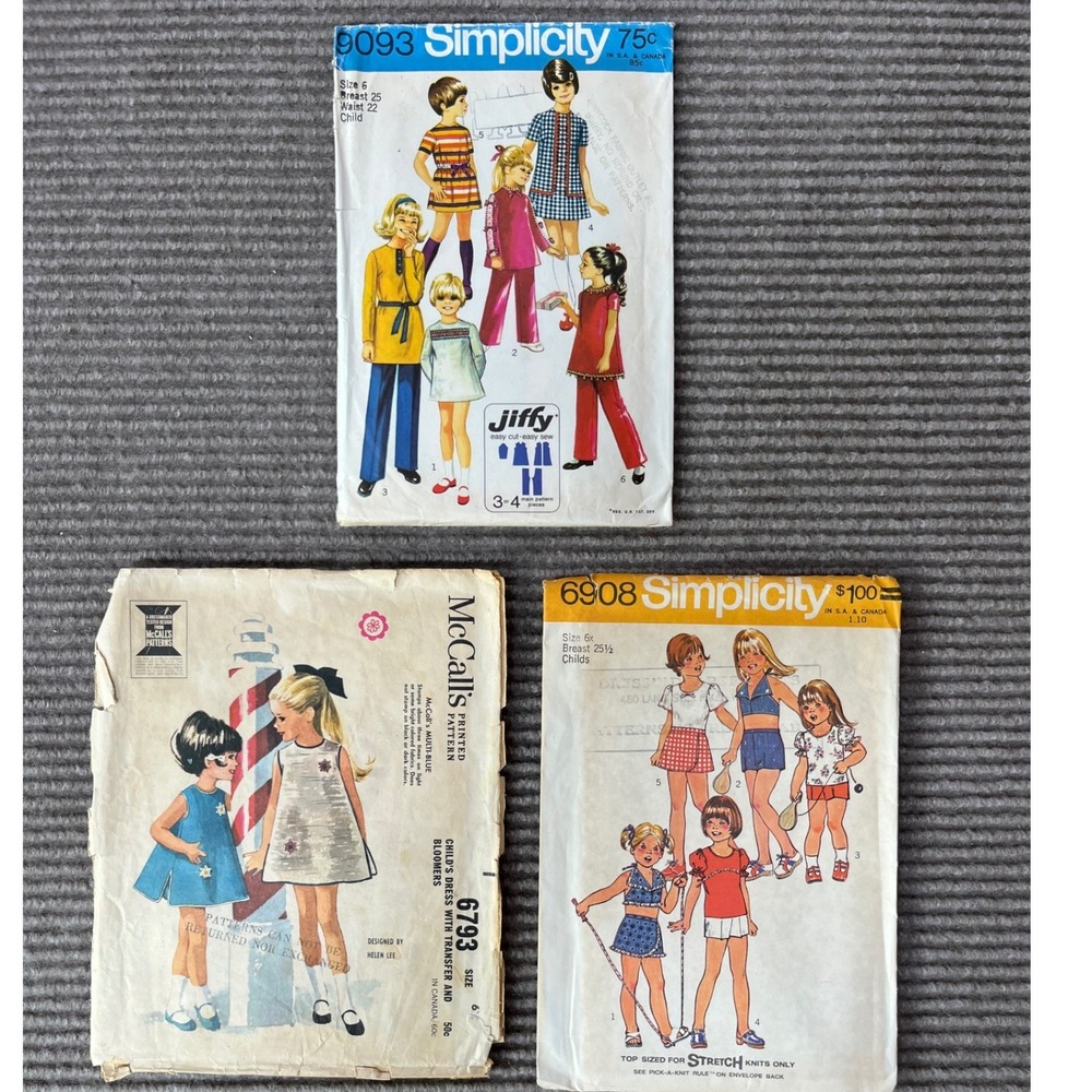 Vintage Sewing Pattern Lot Simplicity 9093 6908 McCall's‎ 6793 Girls Size 6 6x